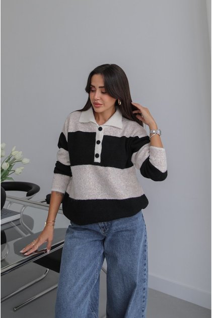 Black Nora Striped Polo Collar Sweater