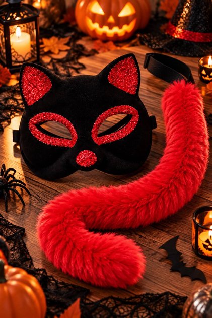 Kedi Kostüm Seti Kırmızı Peluş Kuyruk Siyah Kırmızı Kedi Maskesi Halloween Parti Aksesuarı