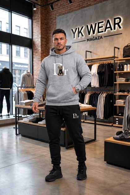 Unisex Teddy Bear Printed Oversize Hooded Sweatshirt and Sweatpants Set Top and Bottom Combination