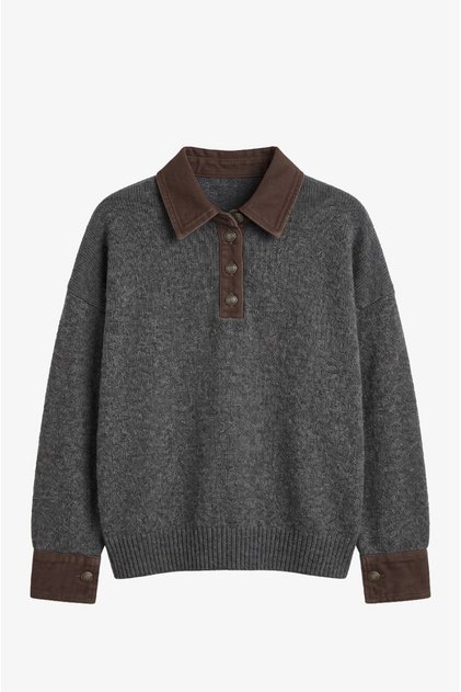 Anthracite Collared Sweater with Denim Detail on the Sleeves