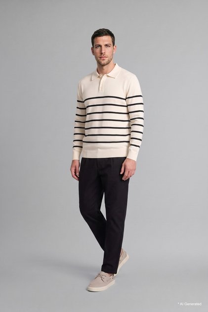 Standard Fit Striped Polo Collar Knit Sweater H7022Ax26Au