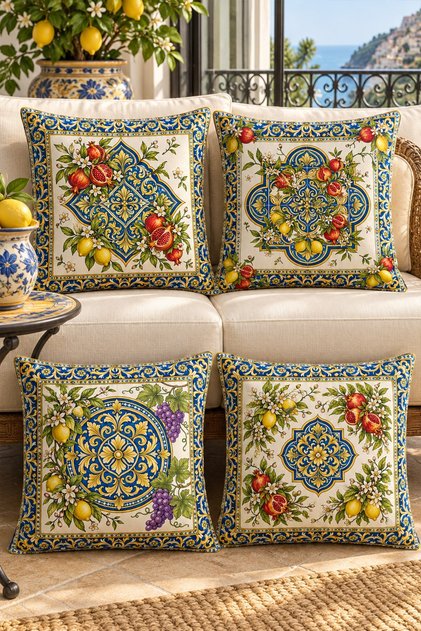 Pomegranate, Lemon and Grapes Patterned 4-Piece Throw Pillow Cover Set