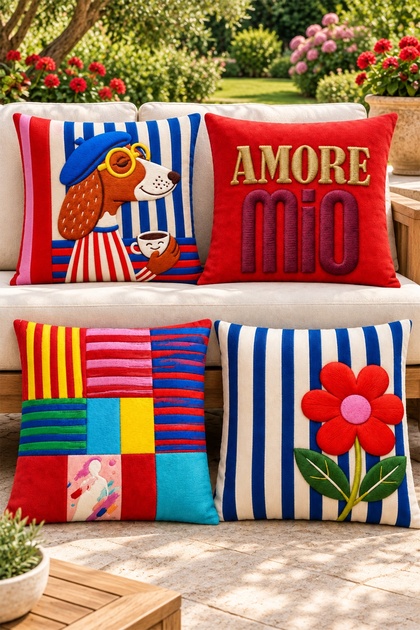Printed Embroidery Appearance Mi Amore Patterned 4-Piece Throw Pillow Cover Set