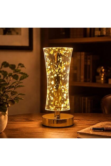 Acrylic Table Lamp With Golden Flakes Inlaid, USB Rechargeable Touch Control LED Bedside Lamp, 3 Col