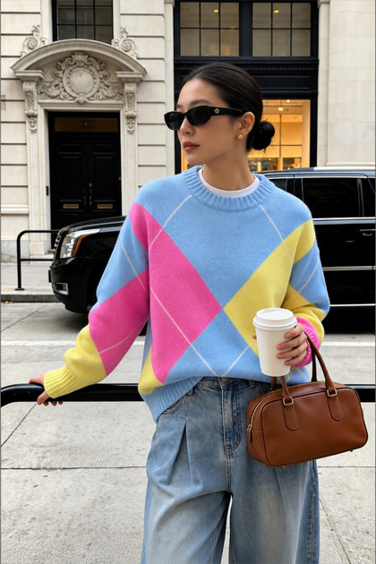 Crew Neck Diamond Patterned Women's Oversize Knitwear Sweater