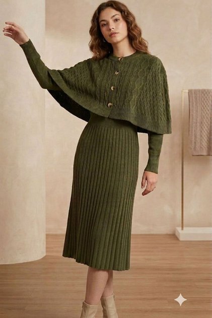 Women's Khaki Knitted Patterned Cape Poncho and Long Sleeve Knitwear Dress Two-Piece Set