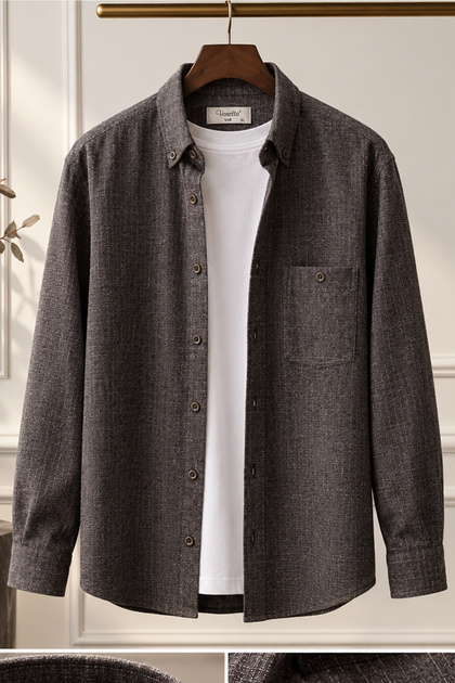 Men's Brown Winter Shirt Striped Classic Relaxed Fit Pockets Casual Warm