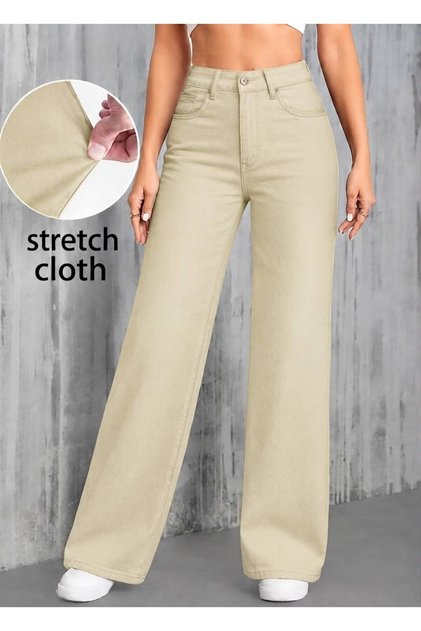 Cream Women's High Waist Palazzo Jeans, Lycra Wide Leg Loose Pants - Quality Fabric, Durable Stitching, Special Washing