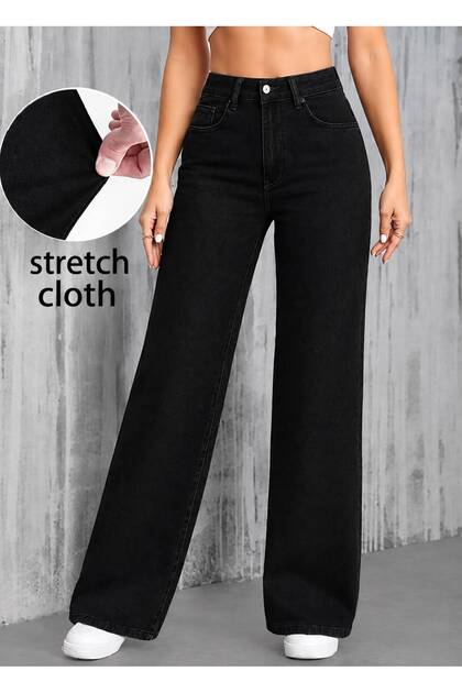 Black Women's High-Waisted Palazzo Jeans, Lycra Loose-Fit Wide-Leg Pants - Quality Fabric, Durable Stitching, Special Washing