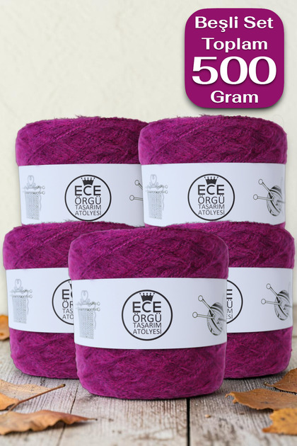 Sıklamen rengi, çift katlı angora örgü ipi seti (toplam 500 gr.)