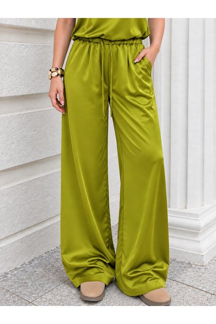 Women's Pistachio Green Lace-Up Waist Satin Wide-Leg Pants Nj190