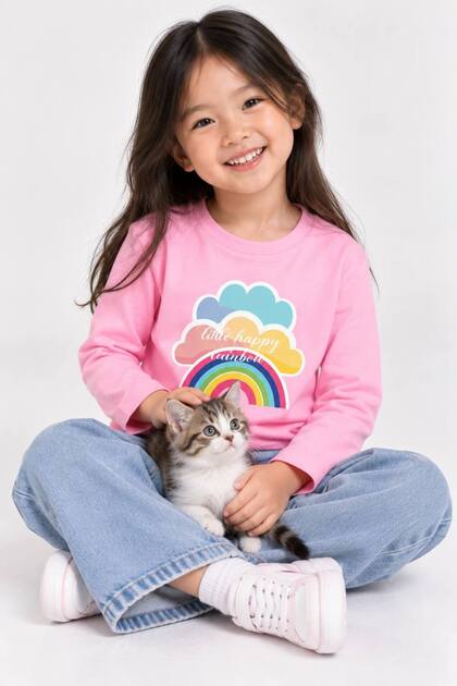 Kız Çocuk Uzun Kollu Tişört %100 Pamuk Gökkuşağı Bulut Baskılı Little Happy Rainbow Yazılı 2-9 Yaş