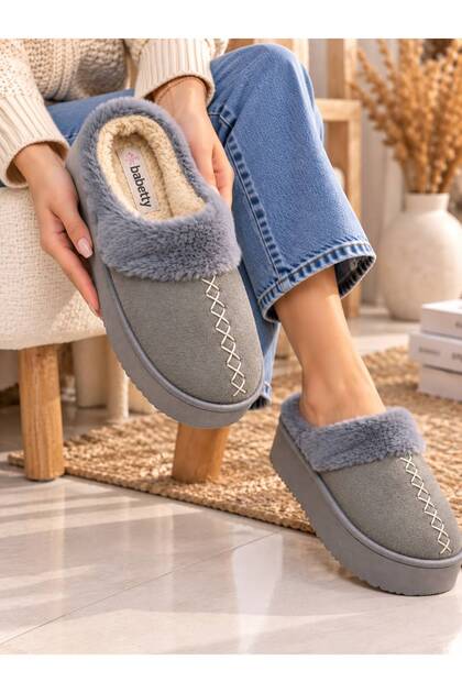 Women's Furry Patterned House Slippers, Warm Plush Soled Winter Comfortable Home Shoes