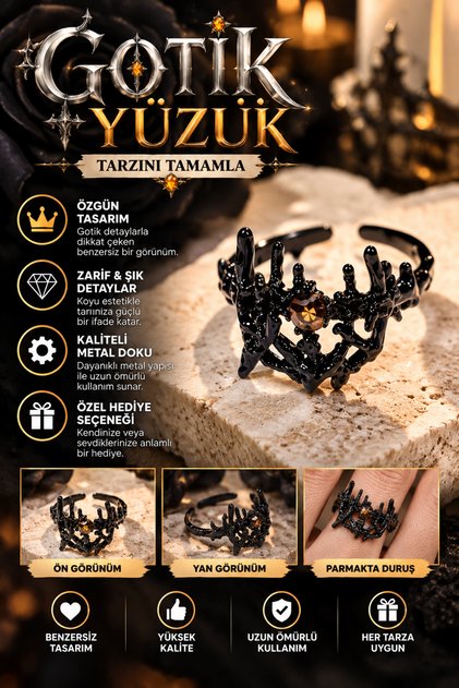 Gotik Diken Siyah Taşlı Yüzük