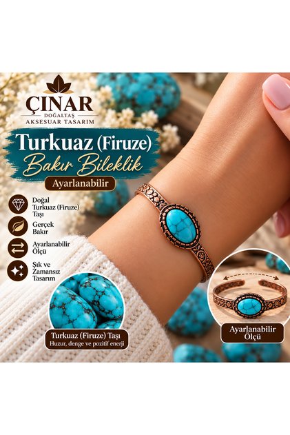 Turkuaz (Firuze) Taşlı Ayarlanabilir Bakır Bileklik – Kadın Şık Tasarım