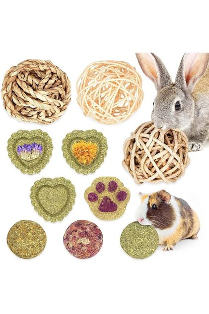 Bunny Chew Toys for Teeth, Rabbit Toys and Treats, 10PCS Natural Timothy Grass Small Animal Molar Gr