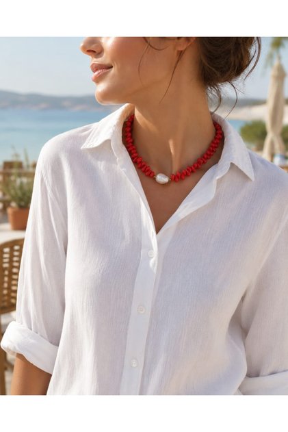 Coral Mercan Mayorka Pearl Hematite Necklace