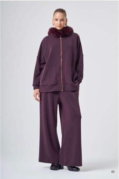 1078 Hooded Fur Detail Trouser Suit