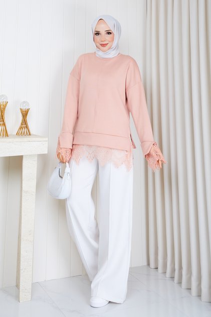 Lace Detailed Knitwear Fabric Oversize Tunic – Comfortable Fit Long Sleeve Women's Tunic with Lace at Hem and Sleeves