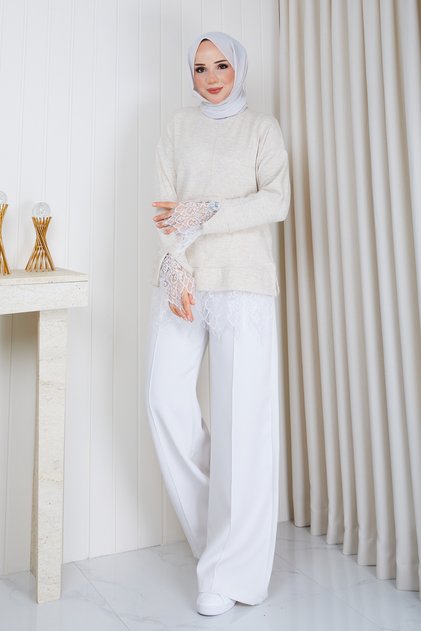 Lace Detailed Knitwear Fabric Oversize Tunic – Comfortable Fit Long Sleeve Women's Tunic with Lace at Hem and Sleeves