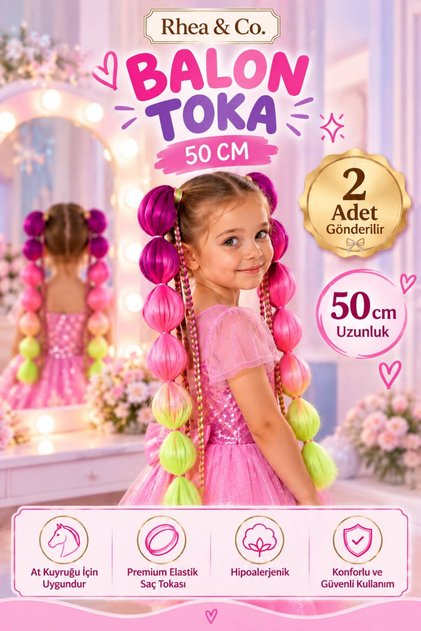 Mor-Pembe-Sarı Örgülü Balon Saç – 50 cm Çocuk Saç Tokası | 2’li Set