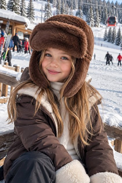 Brown Plush Fur Hat with Headphones and Snap Fasteners for Girls, Ages 10-18