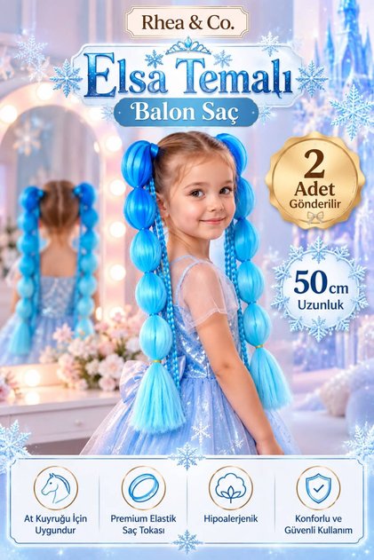 Elsa Temalı Örgülü Balon Saç – 50 cm Çocuk Saç Tokası | 2’li Set