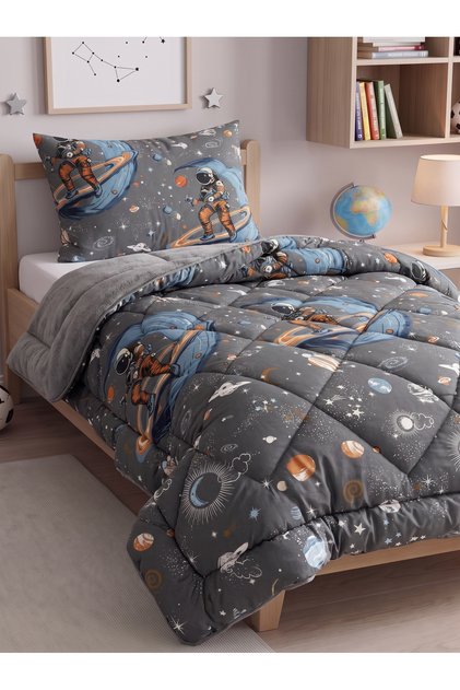 Space Patterned Welsoft Single Duvet Set | 1 Piece Quilt 155X215 Cm, 1 Piece Pillowcase 50X70 cm | Padded, Cotton Set
