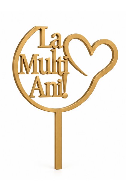 Decoratiune Topper pentru Tort, Model Inimă cu mesaj „La Mulți Ani!”, Aniversare, MDF, 12 x 15,5 cm