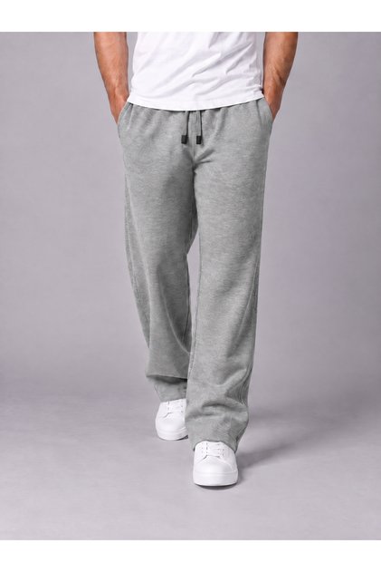 Men's Gray Pique Fabric Baggy Loose Fit Trousers with Pocket Detail