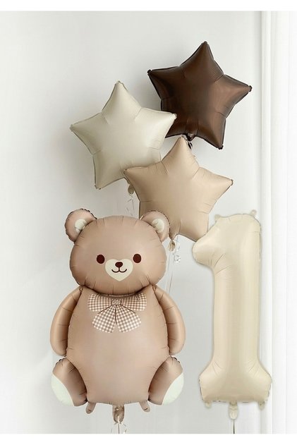 1 Year Old Foil Balloon Set with Teddy Bear and Star Number Birthday Decoration