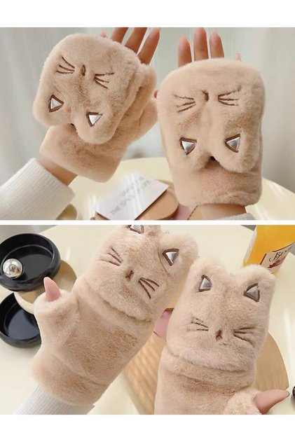 Cute Cat Ears Gray Hello Kittyyy Patterned Plush Furry Flip Cover Gloves Women Teen Girls Kids Winter Soft Warm Cute Furry Gloves