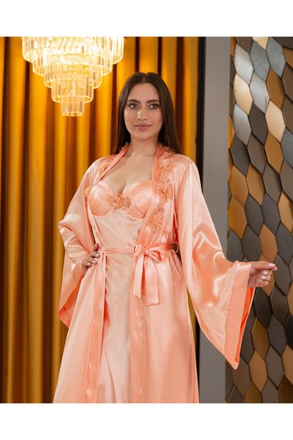 Special Design Elegant Rose Detailed 2-Piece Full Satin Long Dressing Gown Nightgown Set (Boxed)