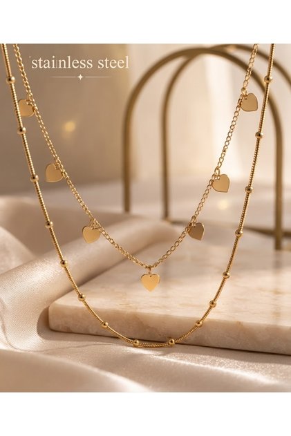 316L Steel Chain Gold Color Flat-Heart Model 2-Piece Necklace