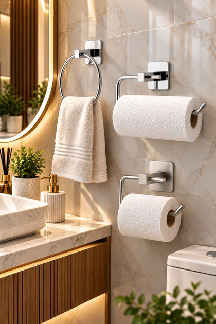 Chrome Square Ring Towel Holder Adhesive Chrome Open Toilet Paper Holder Chrome Solo Towel Holder 3-Piece Bathroom Accessory Set