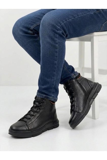 Men's Black Genuine Leather Comfortable Fit Orthopedic Sole Daily Boots