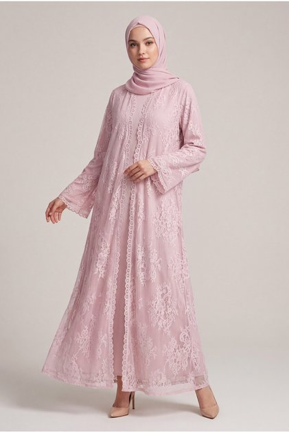 Blush Pink French Lace Abaya with Pockets