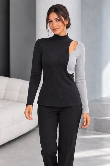 Women's Turtleneck Long Sleeve Asymmetrical Shoulder Cutout Geometric Detailed Camisole Blouse
