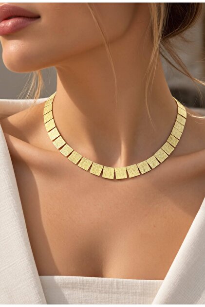 Kadın Özel Seri Kare Gold Silver Kare Ezme Plaka Kolye