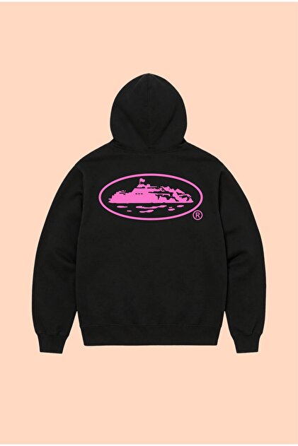 Pink Corteiz Printed Unisex Oversize Black Cotton Hooded Printed Sweatshirt Hoodie