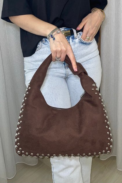 Women's Brown Studded Suede Look Large Shoulder Bag