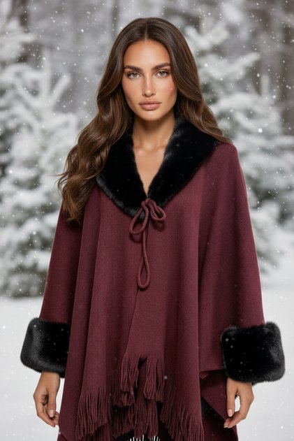 Women's Fur Detailed Tasseled Knitwear Poncho Tie-Down Collar Winter Cape Shawl