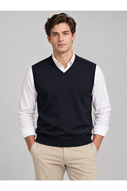 Men's Navy Blue Standard Fit Regular Cut V-Neck Knitwear Sweater