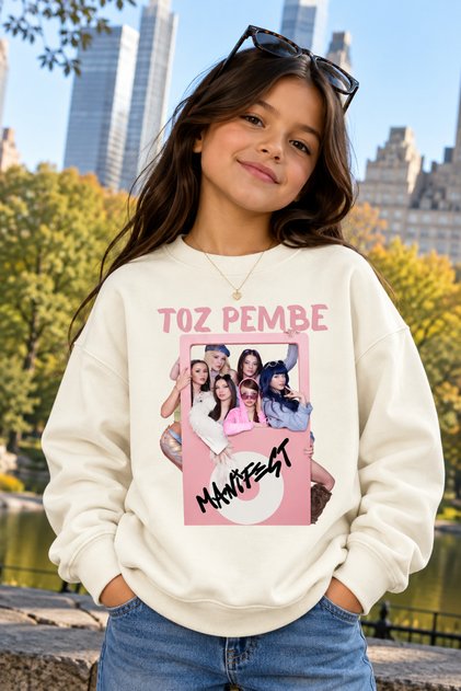 3 İplik Manifest Girls' Pink Printed Crew Neck Long Sleeve Sweatshirt
