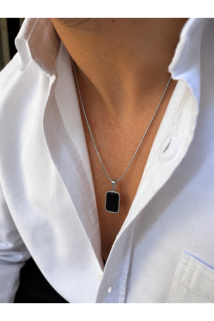Garannon Silver Color Stainless Steel Black Natural Stone Cornered Rectangular End Snake Tube Chain Men's Necklace