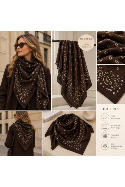 Women's Bandana Patterned Square Shawl Scarf Paisley Foulard 110X110 cm - Brown