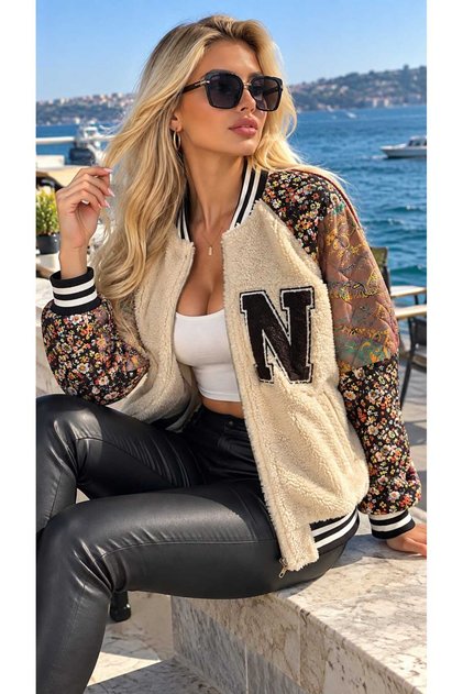 Kolları Desenli Nakış Detaylı Peluş Bomber Mont – Ekru/Kahverengi