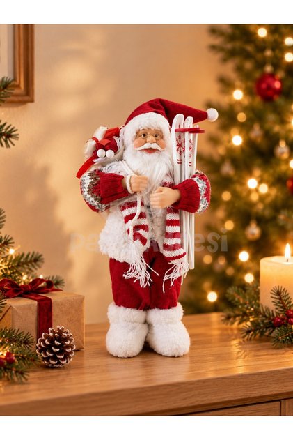 Yılbaşı Dekoru Kayaklı Noel Baba 30 cm – Kırmızı Beyaz Dekoratif Figür