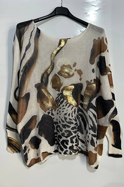 Women's Italian Gilding Print Patterned Long Sleeve Mercerized Blouse Sweater