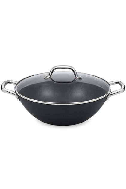 مقلاة ووك (Wok) مقاس 28سم مصنوعة من مادة الزهر مزودة بغطاء زجاجي بفتحة بخار